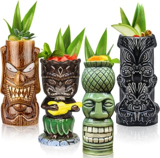 Ver en Amazon: Tiki Mugs Juego de 4 tazas de cerámica tiki para cócteles, copas tropicales grandes