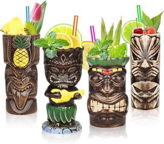 Ver en Amazon: Tiki Tazas - Juego de 4 vasos para cócteles y tazas de cerámica tropicales hawaianas Tiki fiesta